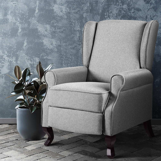 Grey fabric Artiss recliner armchair with plush cushioning, designed for comfort and stylish relaxation in modern living spaces.