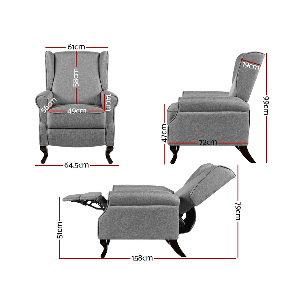 Grey fabric Artiss recliner armchair with plush cushioning, designed for comfortable seating in modern living spaces.