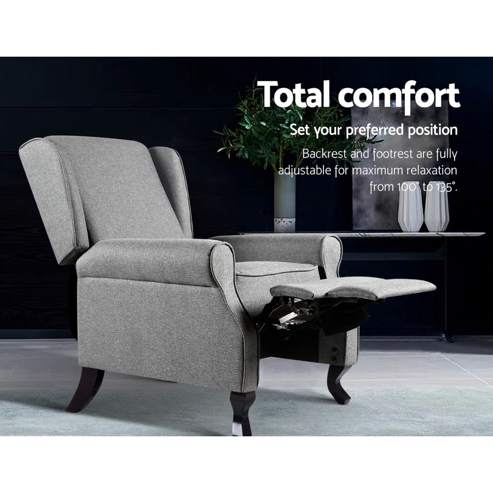 Grey fabric Artiss recliner armchair with padded seat and backrest for comfortable lounging.