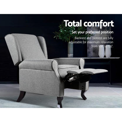 Grey fabric Artiss recliner armchair with padded seat and backrest for comfortable lounging.
