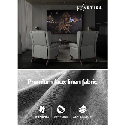Grey fabric Artiss recliner armchair with padded seat and backrest, designed for comfortable seating and relaxation.