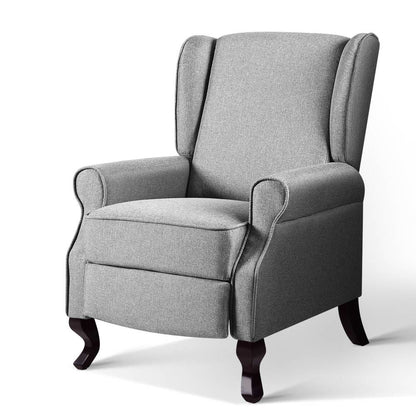 Grey fabric Artiss recliner armchair with plush cushioning and a modern design, perfect for relaxing in a stylish living space.