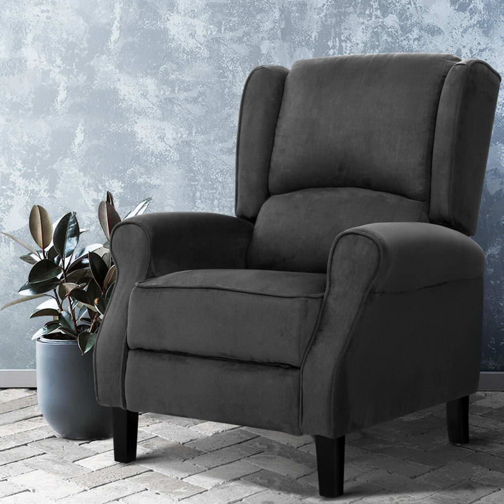 Hlpmedical Artiss recliner chair with soft suede upholstery, adjustable lounge armchair in charcoal, ideal for comfortable seating.