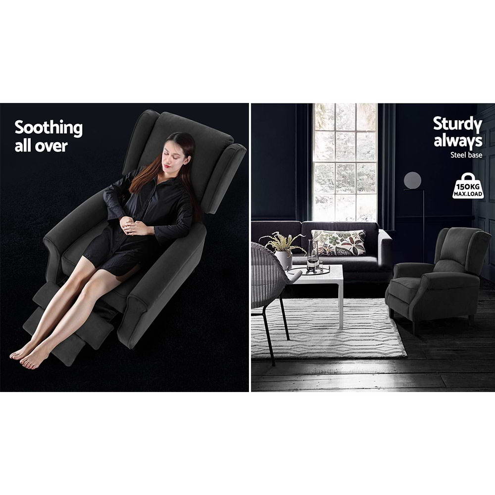 Hlpmedical Artiss charcoal recliner chair with adjustable soft suede armrest in a modern lounge setting.