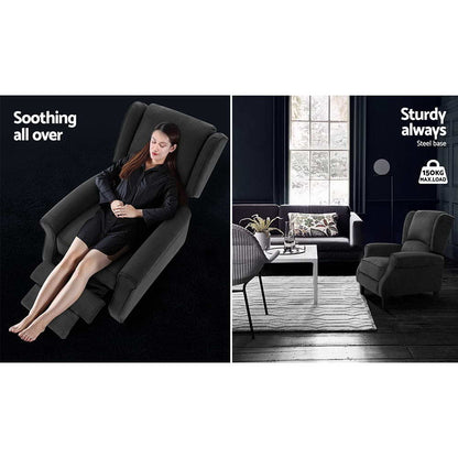Hlpmedical Artiss charcoal recliner chair with adjustable soft suede armrest in a modern lounge setting.