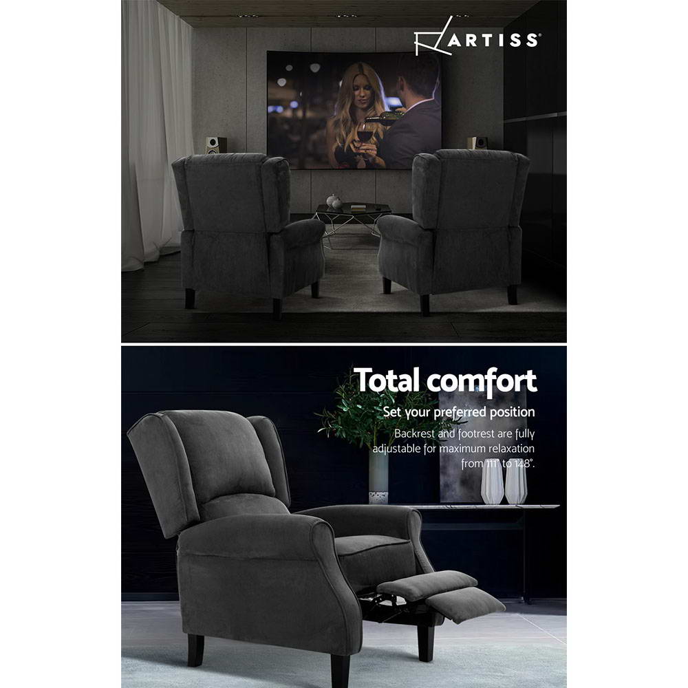 Hlpmedical Artiss recliner chair in soft charcoal suede, adjustable armchair with plush lounge comfort and modern design.