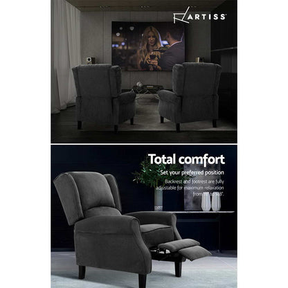 Hlpmedical Artiss recliner chair in soft charcoal suede, adjustable armchair with plush lounge comfort and modern design.