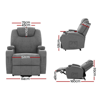 Artiss heated massage recliner chair with velvet upholstery, lift assist feature, in gray, designed for comfort and relaxation.