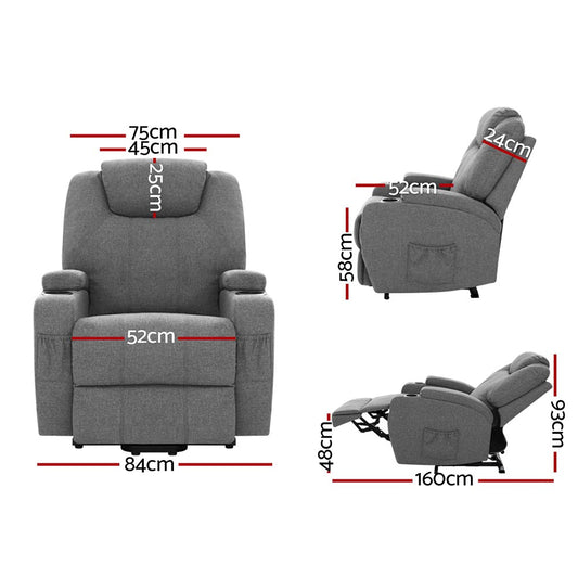Artiss heated massage recliner chair with velvet upholstery, lift assist feature, in gray, designed for comfort and relaxation.