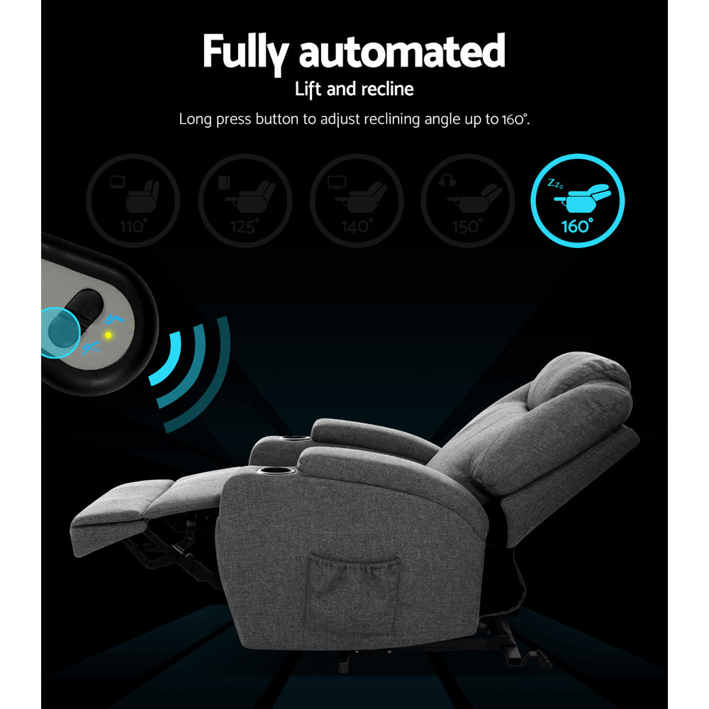 Artiss heated massage recliner chair in velvet with lift assist, gray color, designed for comfort and relaxation.