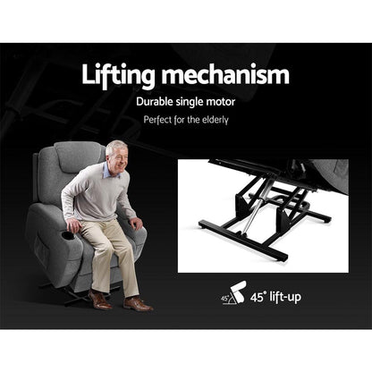 Hlpmedical Artiss recliner chair with lift assist, heated massage function, velvet upholstery, gray color, and ergonomic design.