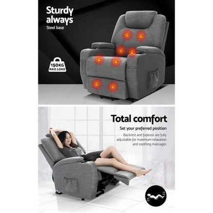 Hlpmedical Artiss recliner chair with lift assist, heated massage, velvet upholstery, gray fabric, ergonomic design for comfort.