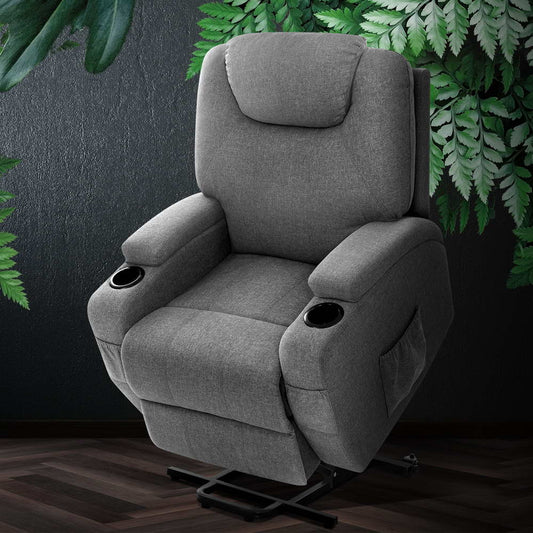 Hlpmedical Artiss velvet recliner chair with lift assist and heated massage functions, featuring a modern gray design and plush upholstery.