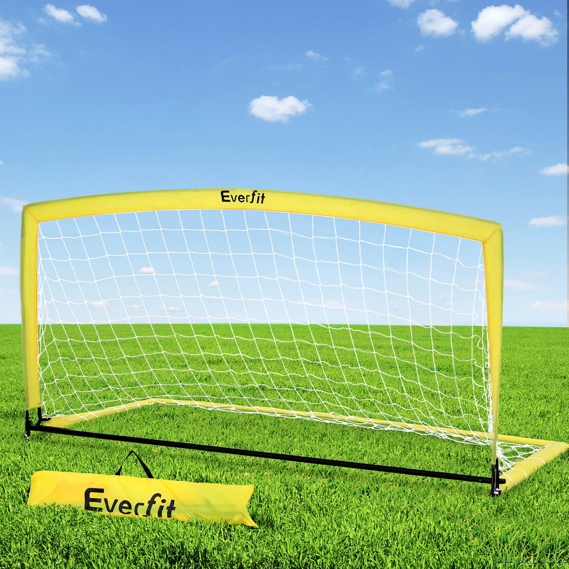 Everfit 2m portable soccer goal net with rebounder for sports training, featuring durable frame and vibrant yellow color.