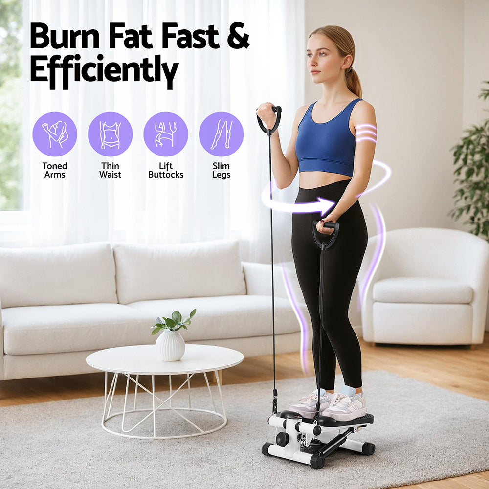 White Everfit mini stepper with resistance rope for home exercise, compact gym equipment for aerobic workouts by Hlpmedical