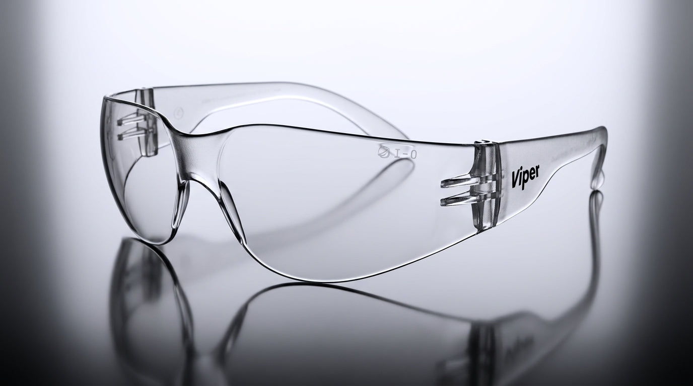 Clear anti-fog safety glasses by Hlpmedical shown on gradient background, designed for eye protection in safety environments.