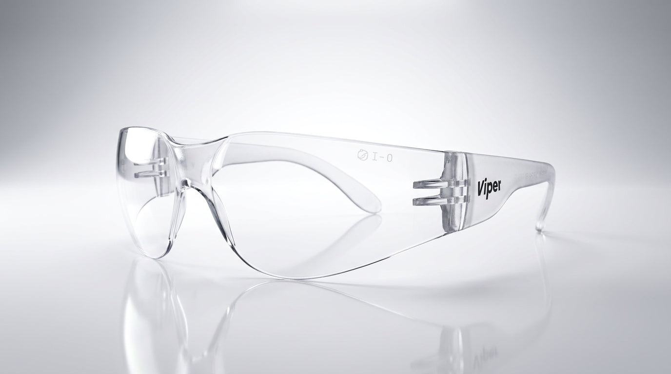 Clear anti-fog safety glasses by Hlpmedical with wraparound lenses, displayed on a gradient background.
