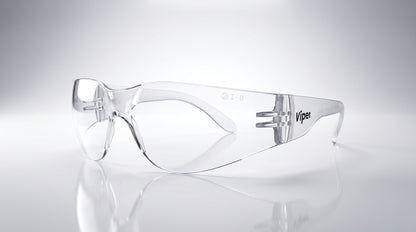 Clear anti-fog safety glasses by Hlpmedical with wraparound lenses, displayed on a gradient background.