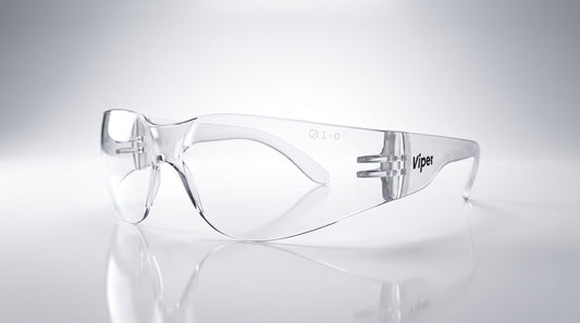 Clear anti-fog safety glasses by Hlpmedical with wraparound lenses, displayed on a gradient background.