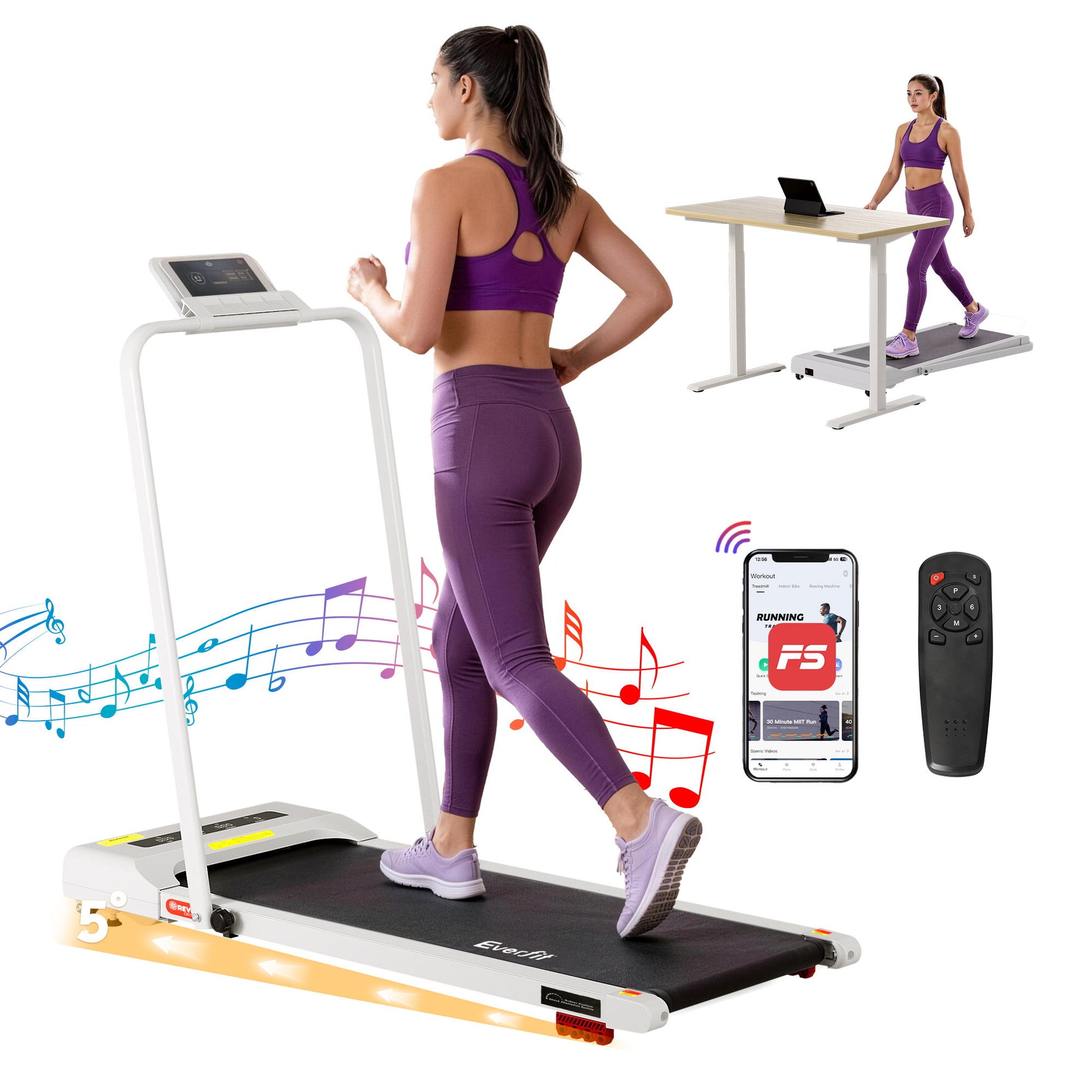 White Everfit electric treadmill walking pad with incline, 380mm deck, ideal for under-desk exercise, by Hlpmedical.