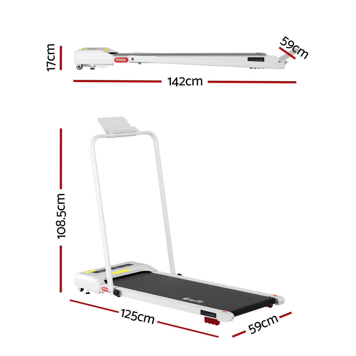 White Everfit electric treadmill with incline, compact design, 380mm width, suitable for under-desk walking and home fitness.