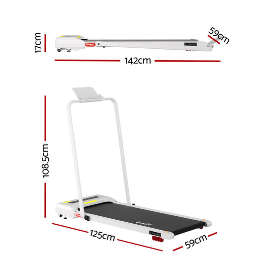 White Everfit electric treadmill with incline, compact design, 380mm width, suitable for under-desk walking and home fitness.