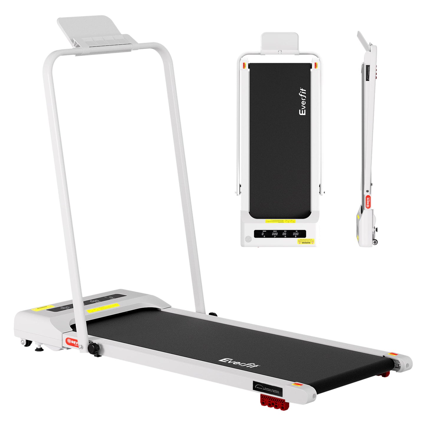 Hlpmedical Everfit electric walking treadmill with incline, white, under desk design, 380mm width for home gym exercise.