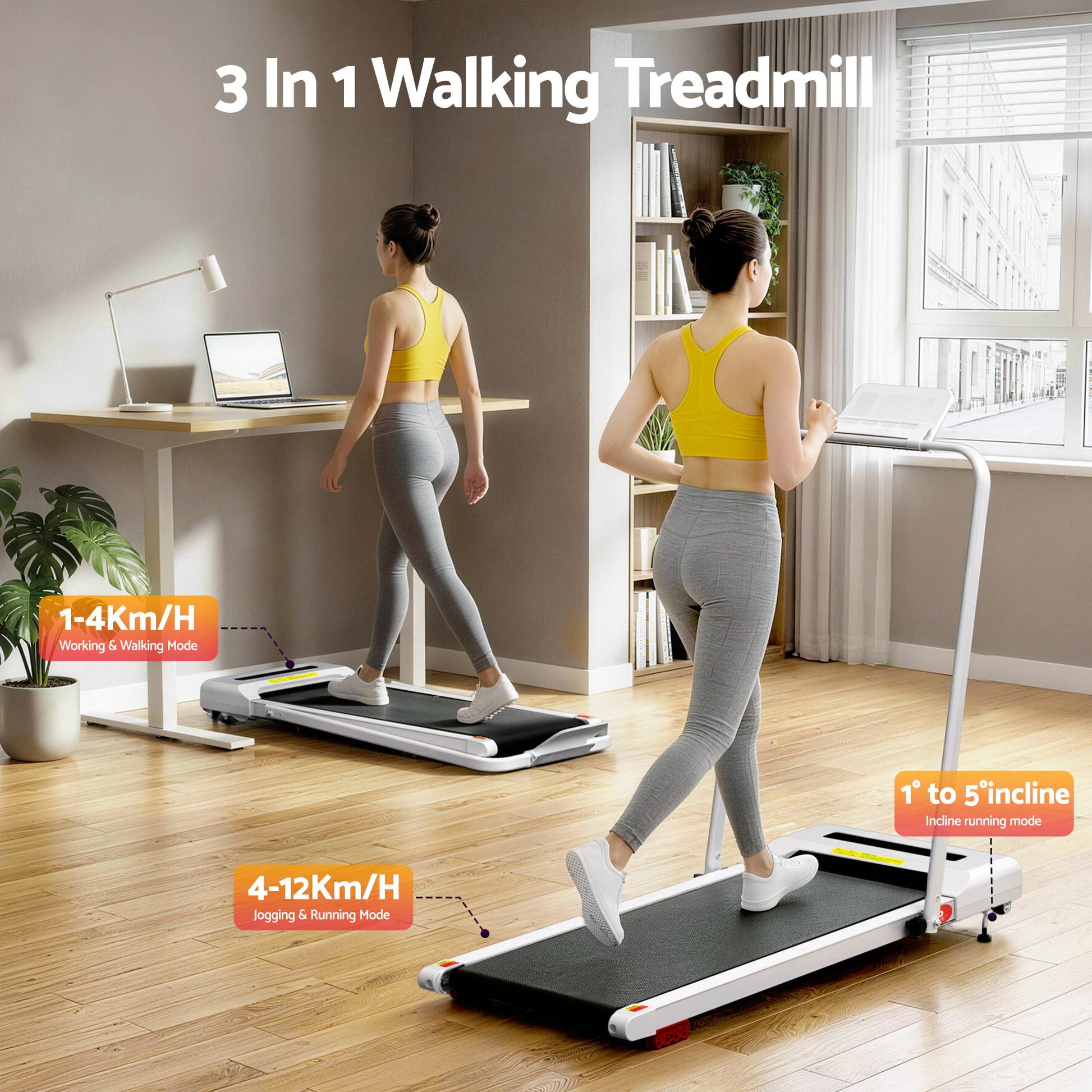 White Everfit electric treadmill with incline, 380mm walking pad, compact design for under-desk use by Hlpmedical.