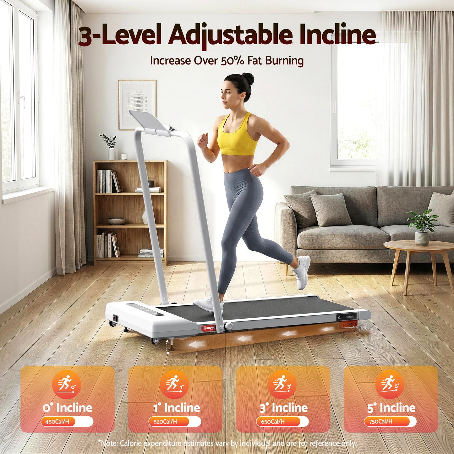 White Everfit electric walking pad treadmill with incline, compact design, suitable for under desk use, by Hlpmedical.