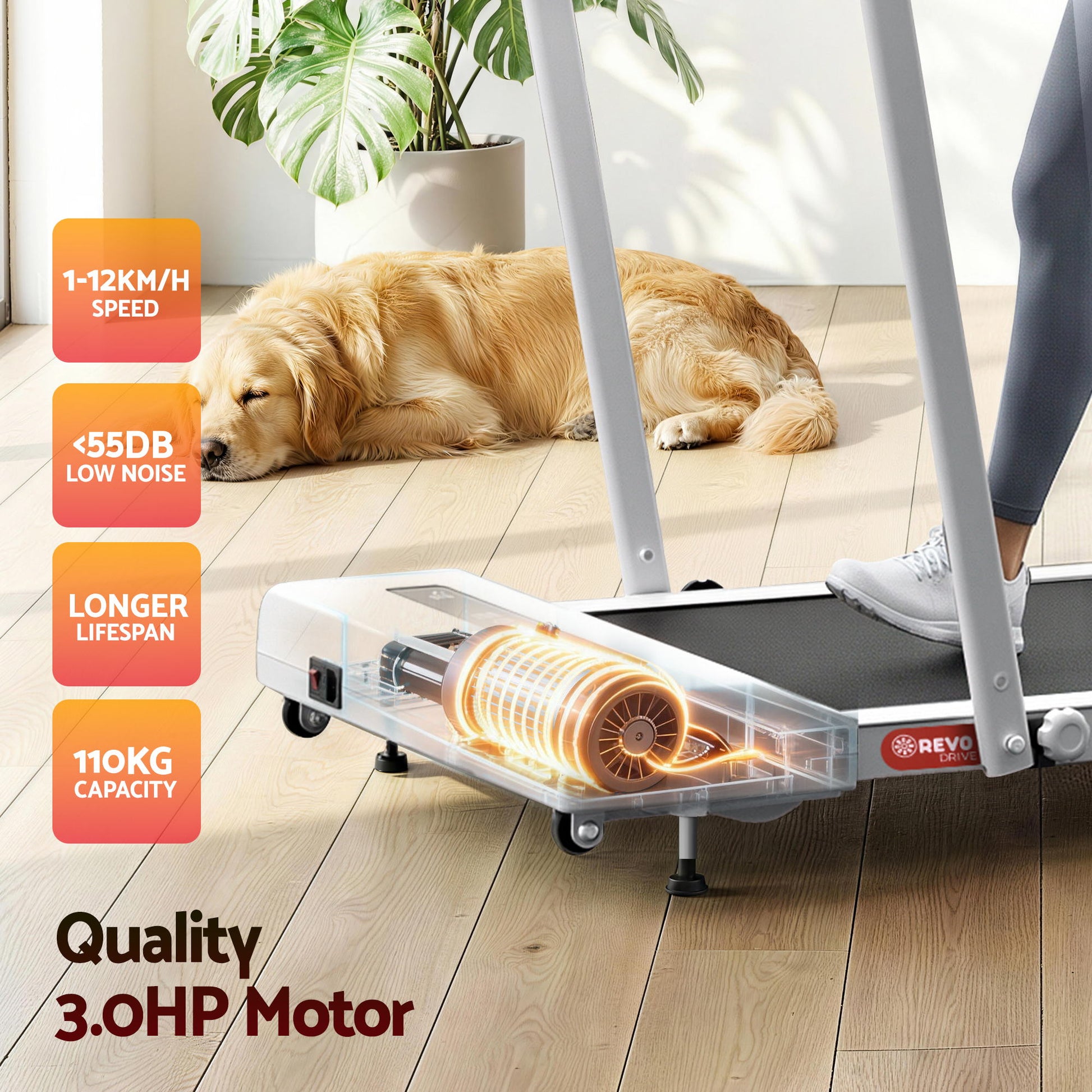 Hlpmedical Everfit electric treadmill walking pad with incline, white, compact design, suitable for under desk exercise, 380mm width.