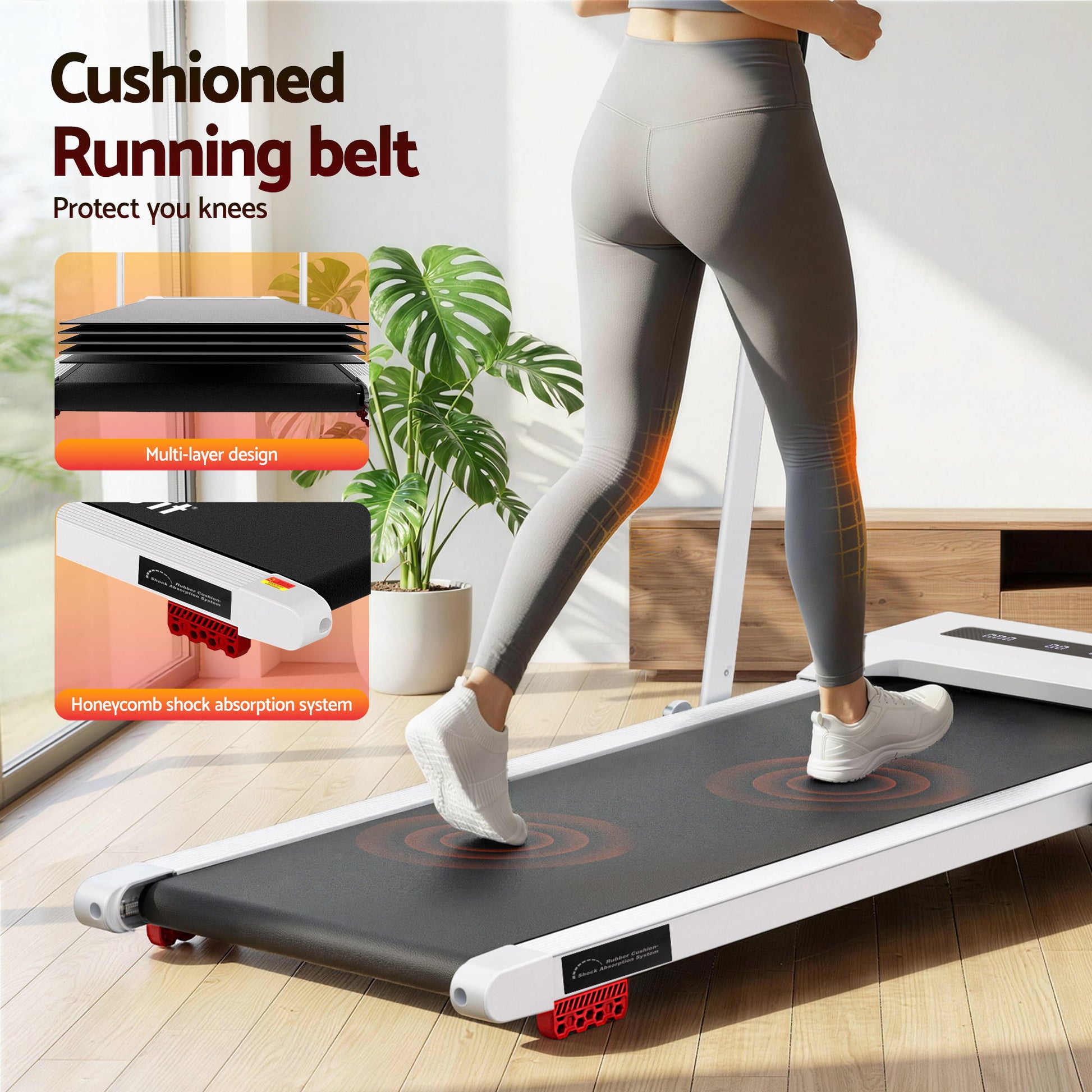 White Everfit electric treadmill with incline, compact under-desk design, 380mm width, ideal for home exercise and walking workouts.