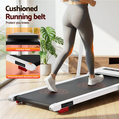 White Everfit electric treadmill with incline, compact under-desk design, 380mm width, ideal for home exercise and walking workouts.