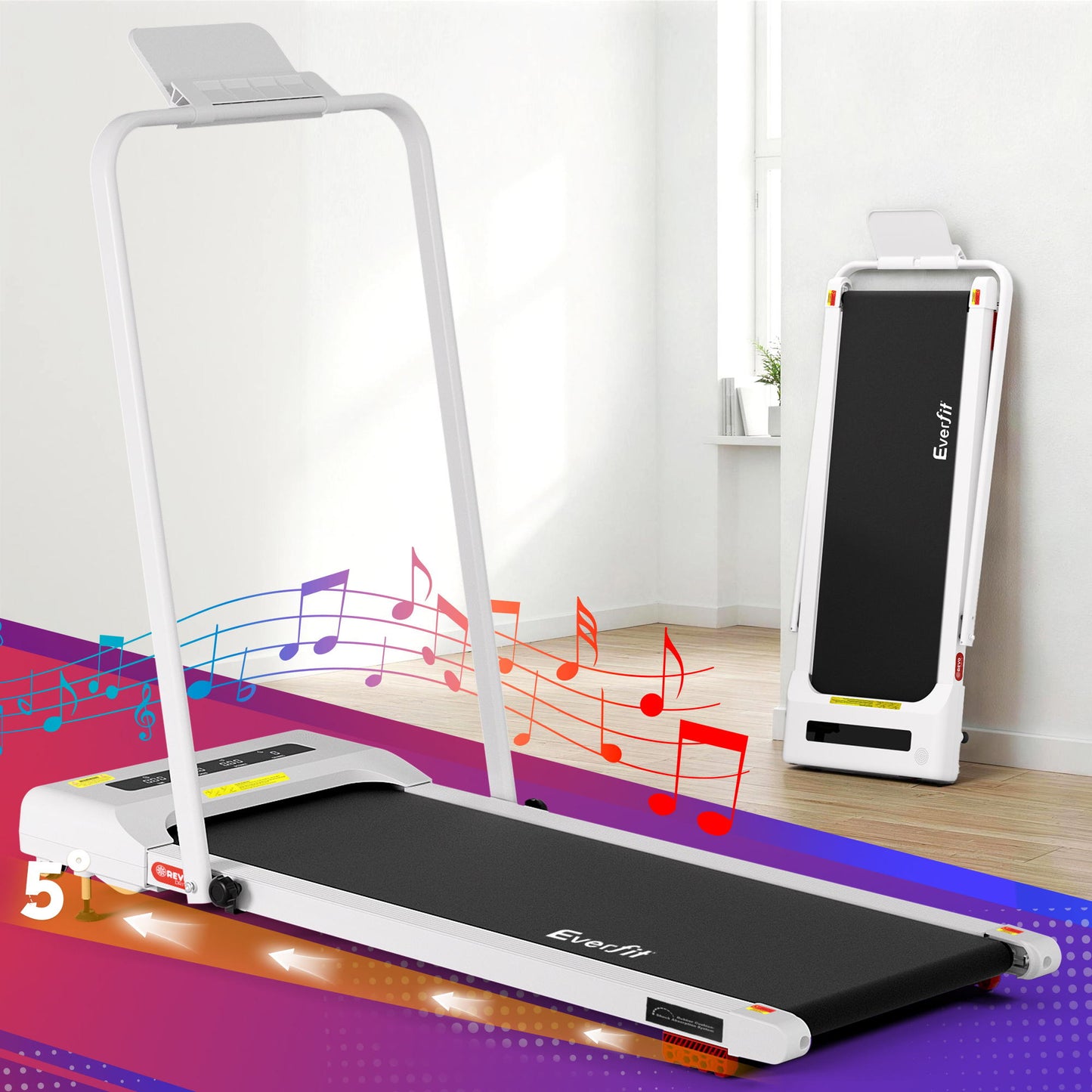 White Everfit electric treadmill with incline, 380mm walking pad, designed for under-desk use, by Hlpmedical.