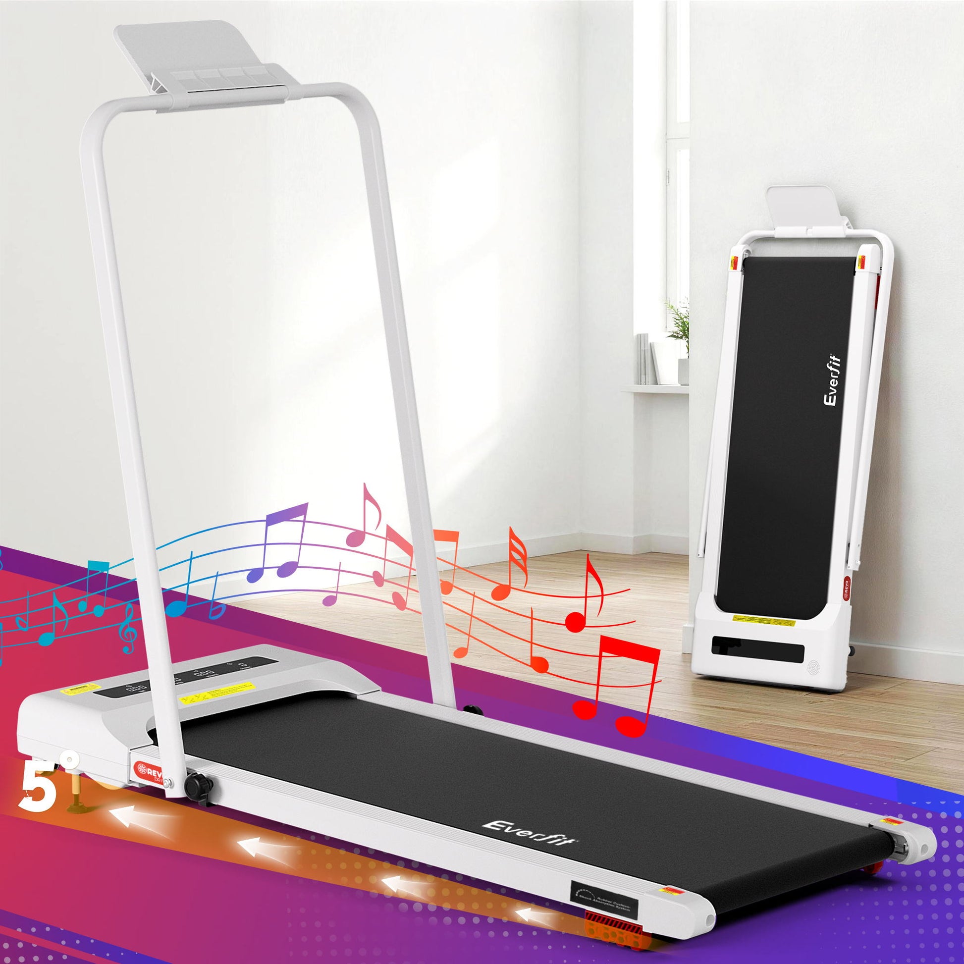 White Everfit electric treadmill with incline, 380mm walking pad, designed for under-desk use, by Hlpmedical.