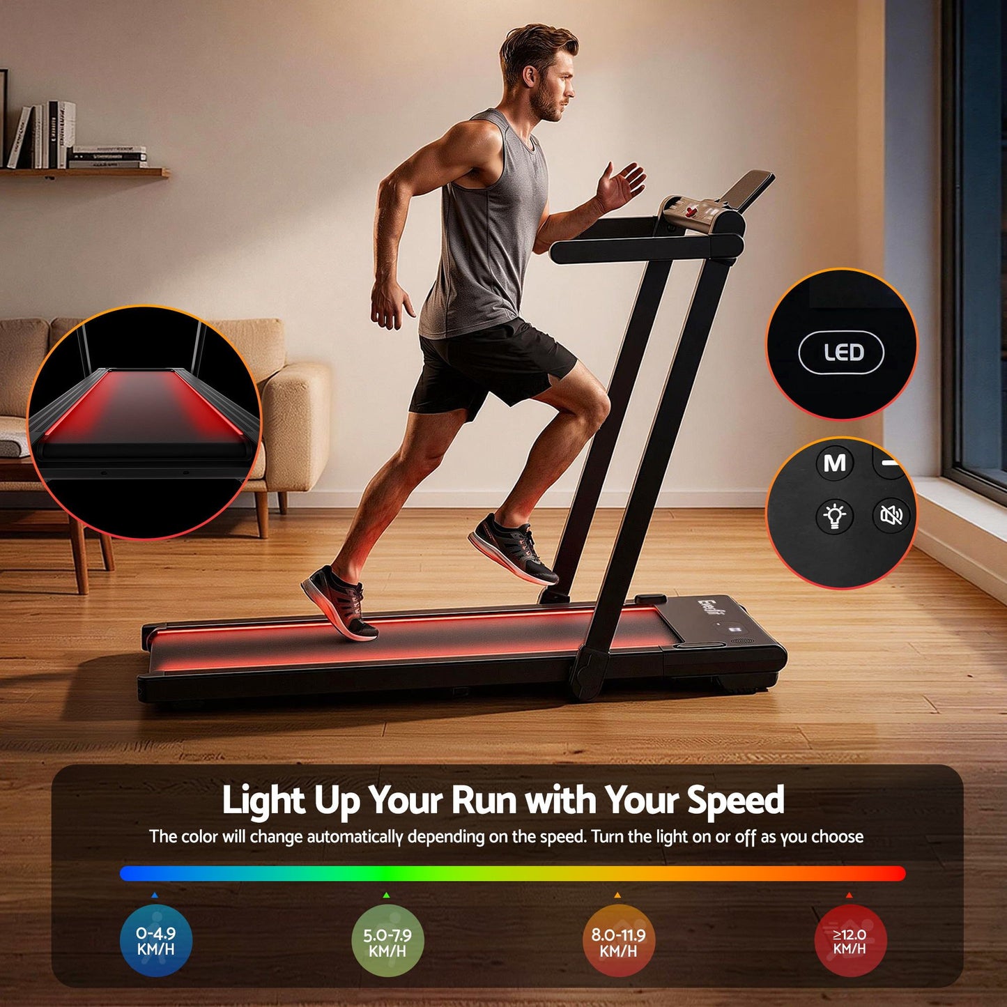 Everfit 3-in-1 foldable walking pad treadmill with LED lights, black, 40cm wide belt, designed for home gym use.