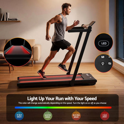 Everfit 3-in-1 foldable walking pad treadmill with LED lights, black, 40cm wide belt, designed for home gym use.