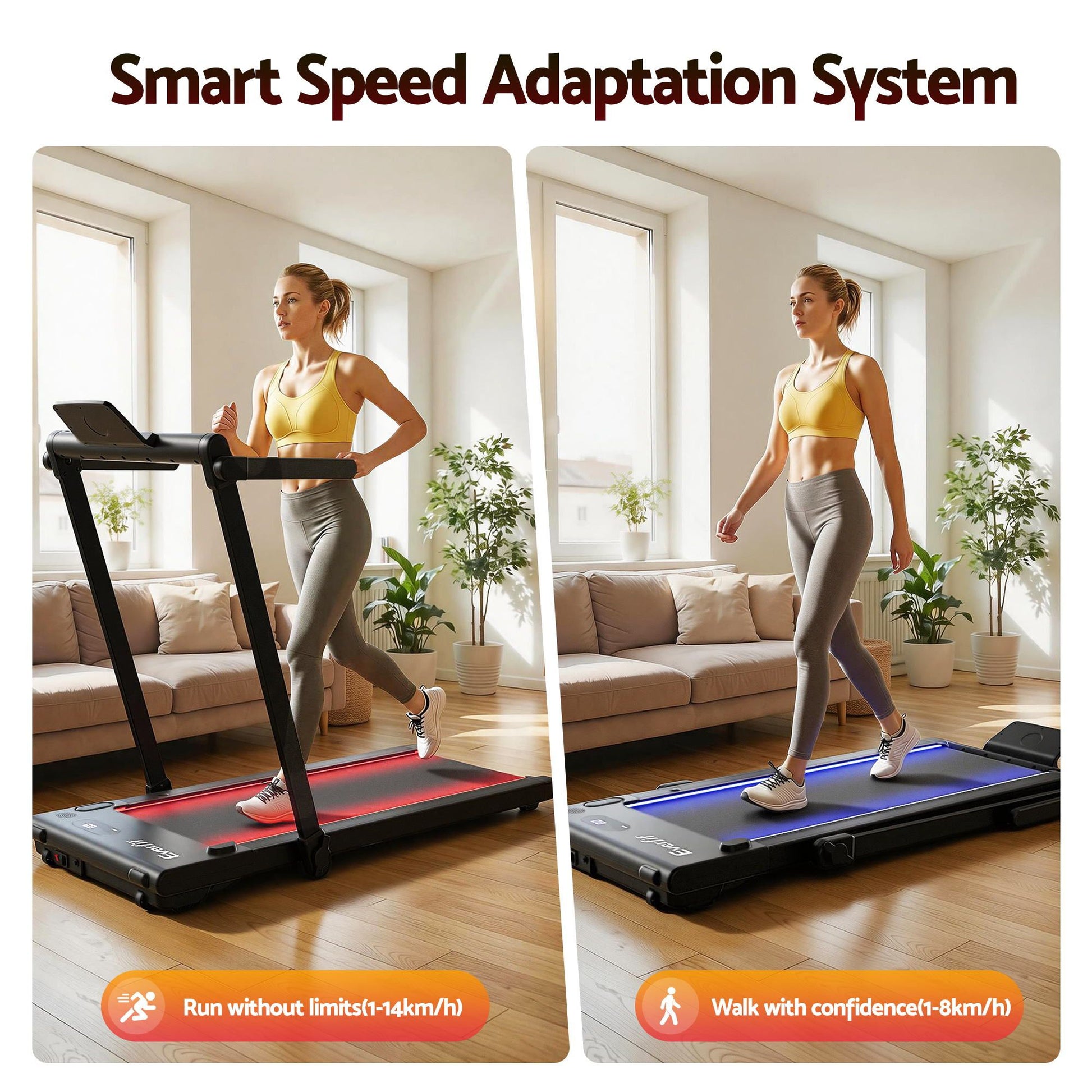 Everfit 3-in-1 black walking pad treadmill with LED lights, foldable design, 40cm wide belt for home gym use.