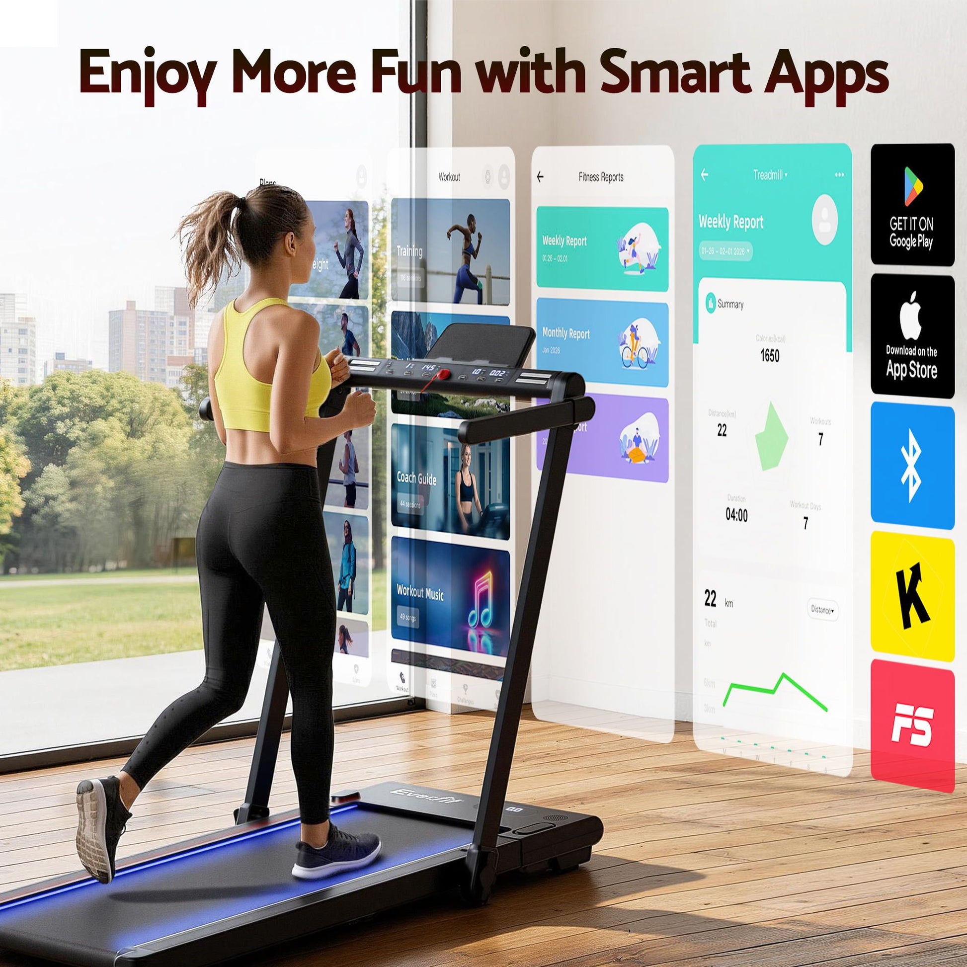 Black Everfit 3-in-1 walking pad treadmill with LED lights, foldable design, 40cm wide belt for home gym exercise.