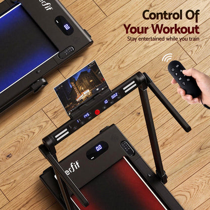 Everfit 3-in-1 foldable walking pad treadmill with LED lights, black color, 40cm wide belt, suitable for home gym use.