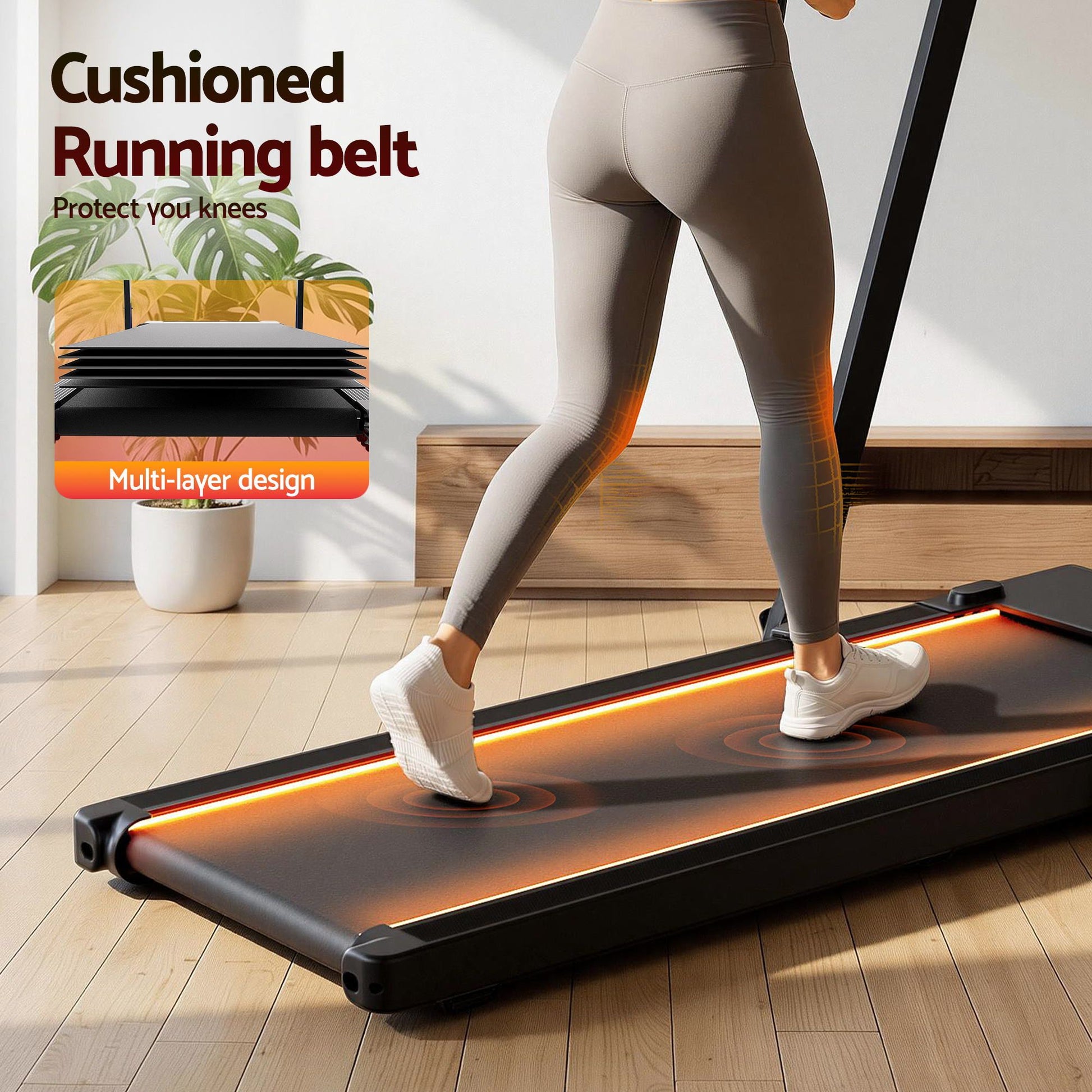 Everfit 3-in-1 foldable walking pad treadmill with LED lights, black, 40cm wide belt, suitable for home gym use.