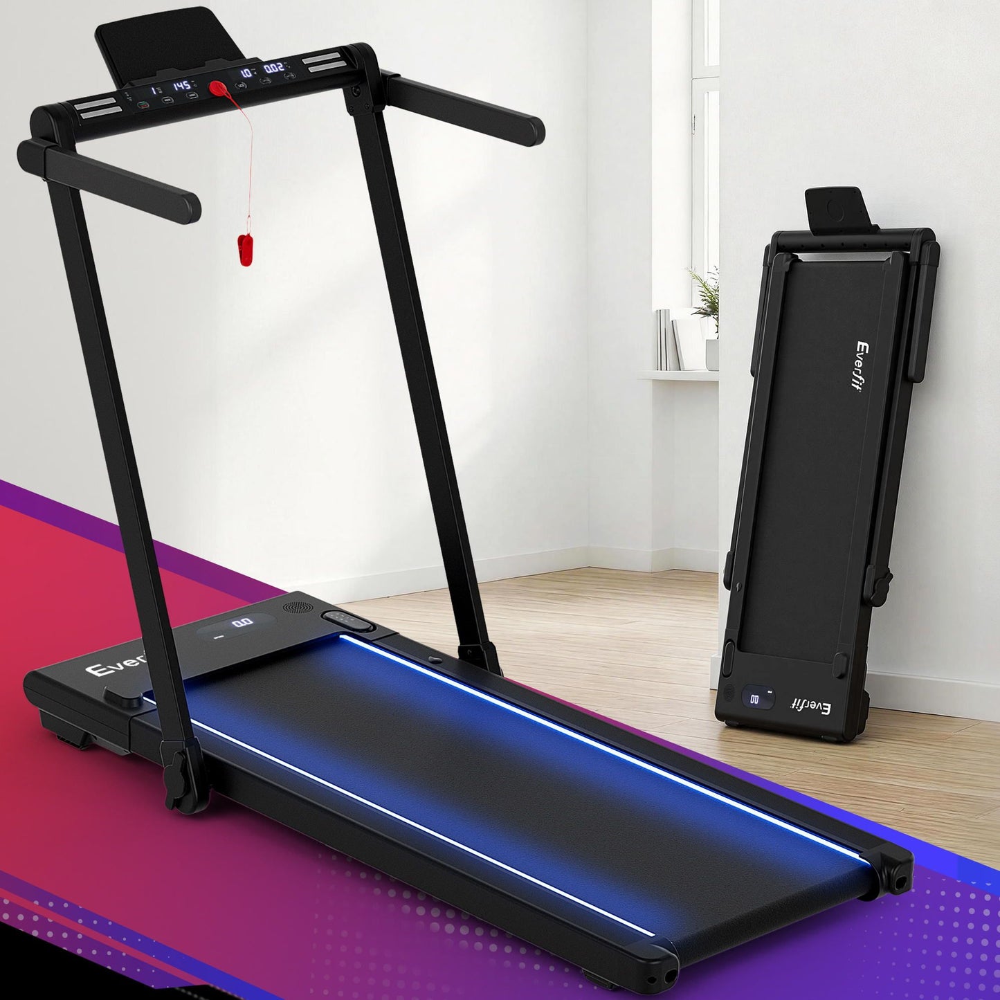 Everfit 3-in-1 walking pad treadmill with LED lights, foldable design, black color, 40cm wide belt for home gym use.