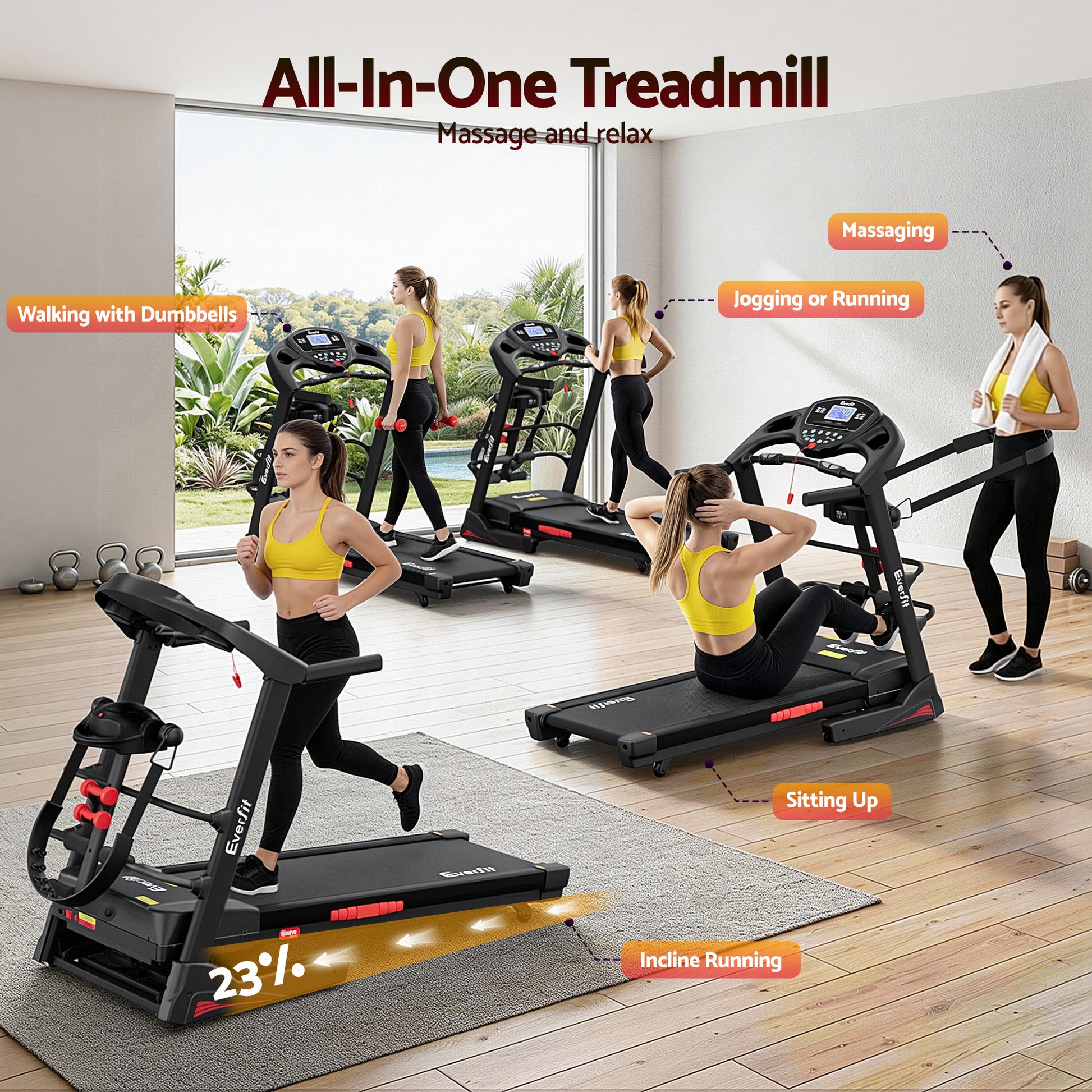 Hlpmedical Everfit electric treadmill for home gym with massager, 480mm wide running surface for fitness and exercise.