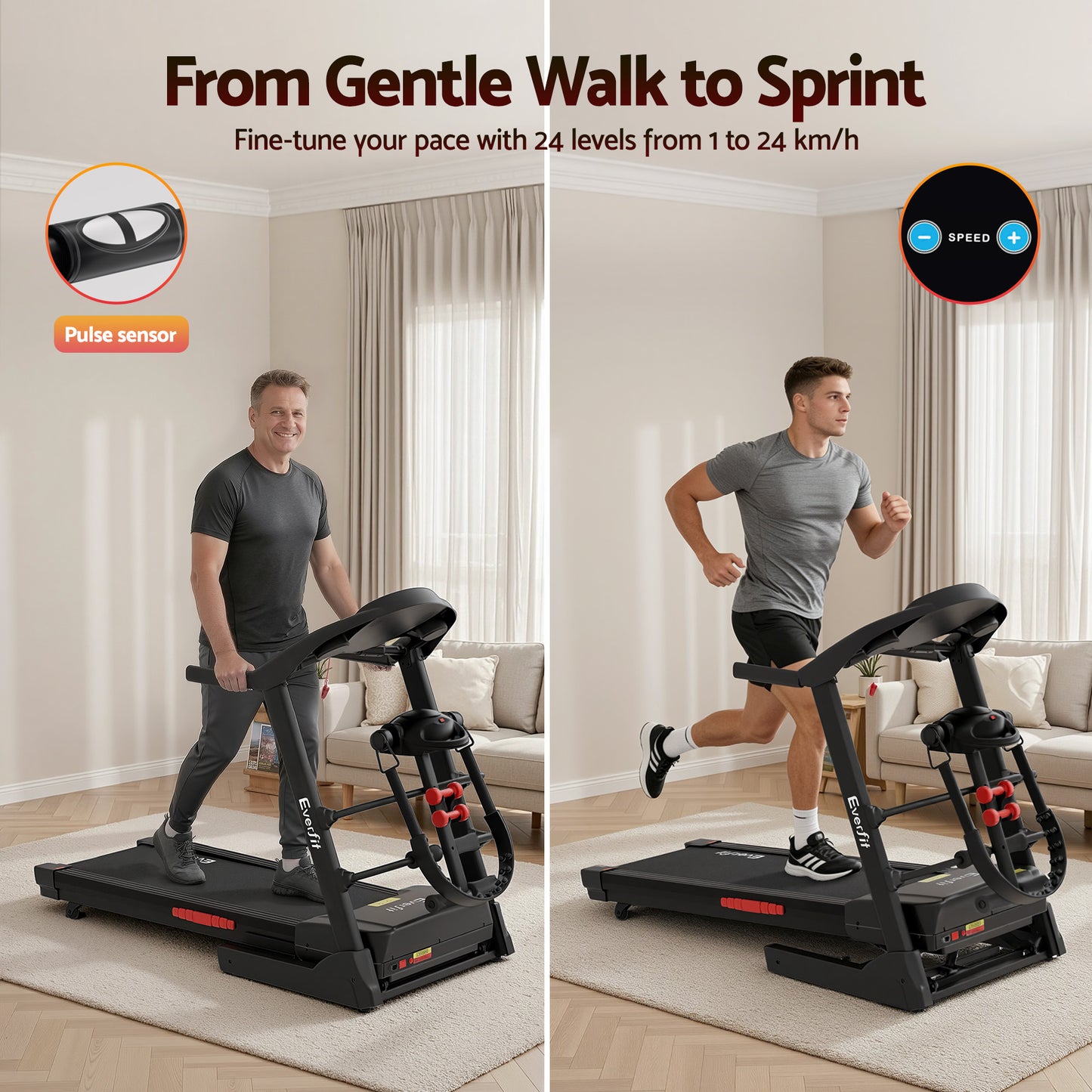 Hlpmedical Everfit electric treadmill with massager, 480mm wide, for home gym fitness and exercise routines.