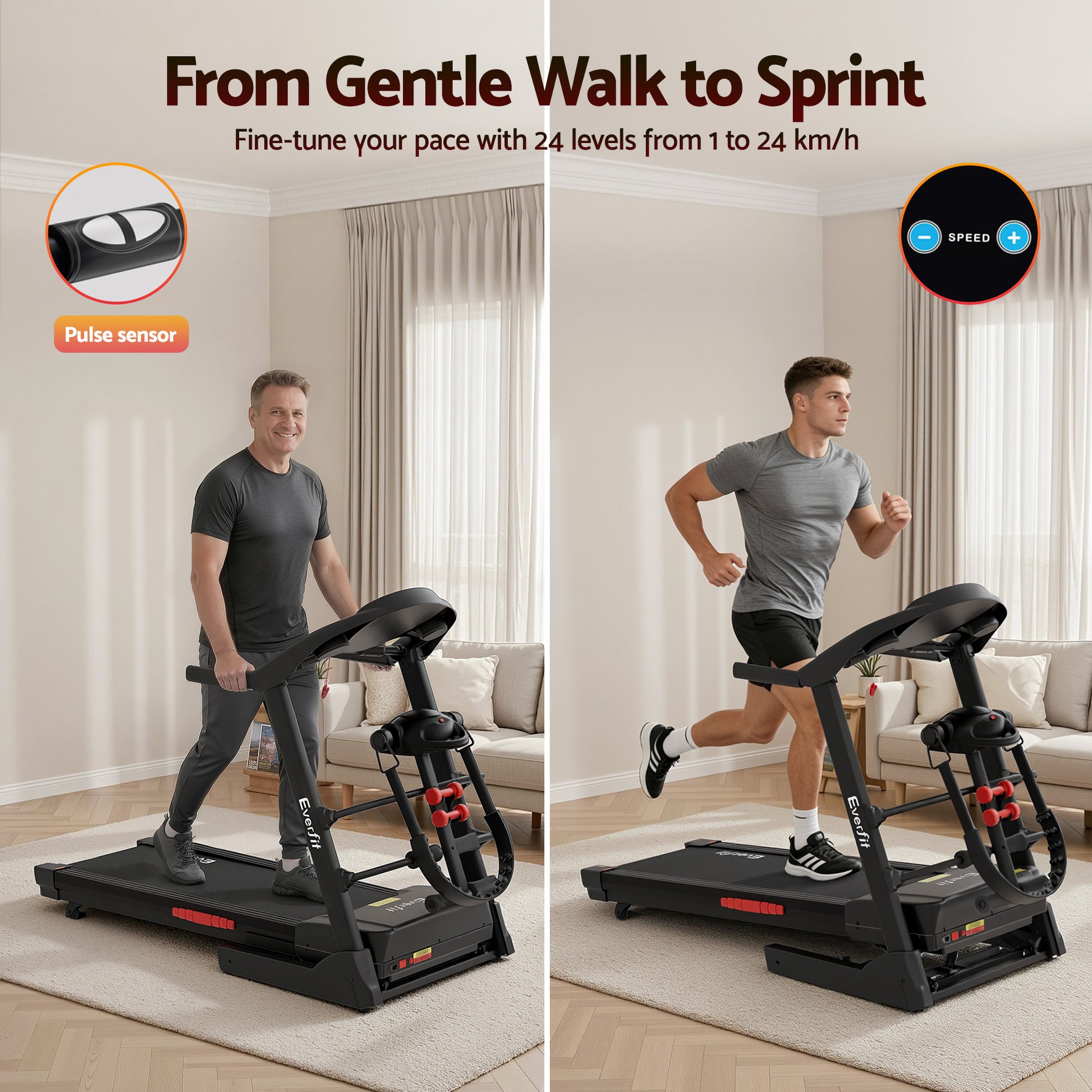 Hlpmedical Everfit electric treadmill with massager, 480mm wide, for home gym fitness and exercise routines.