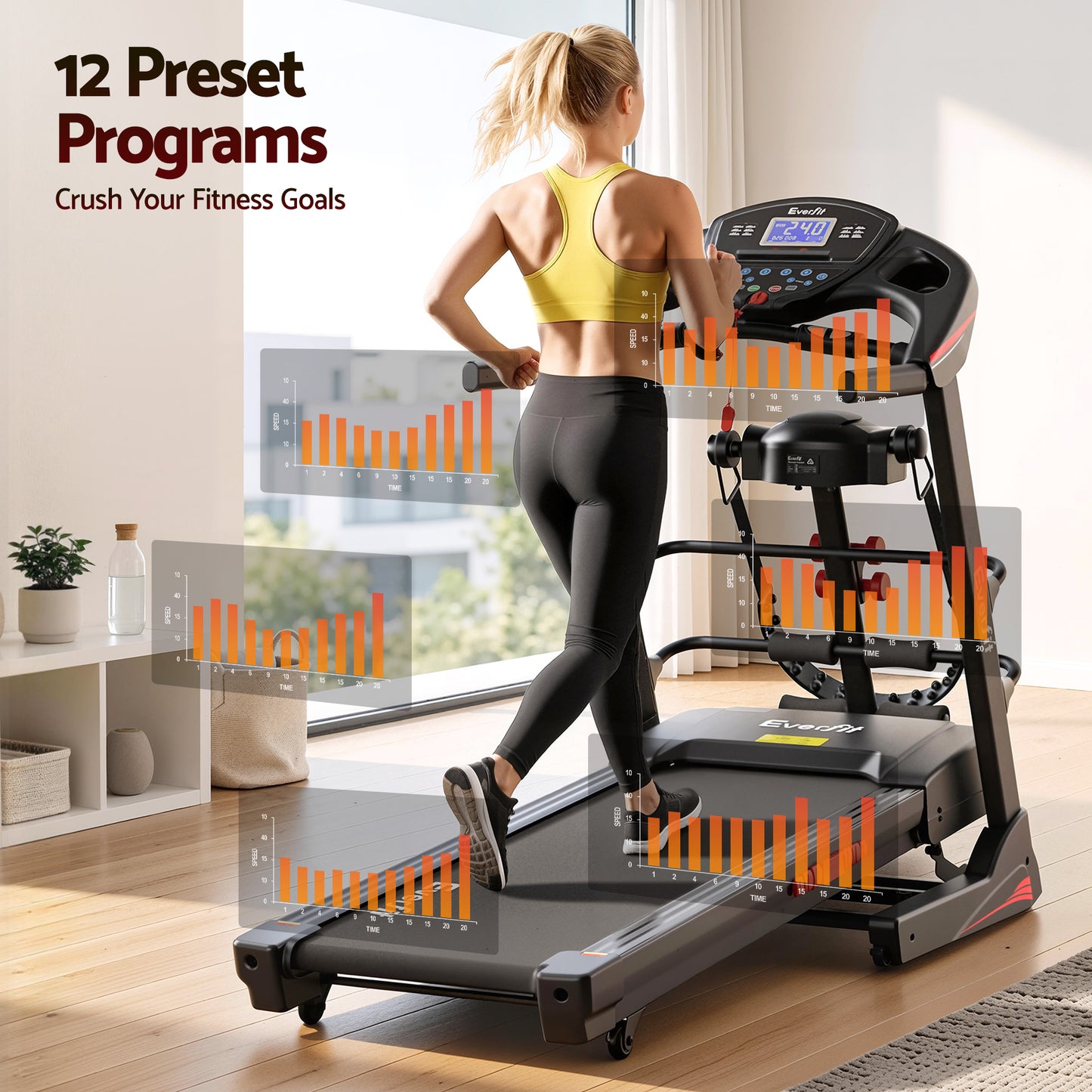 Hlpmedical Everfit electric treadmill for home gym, featuring a 480mm running surface and built-in massager for fitness.