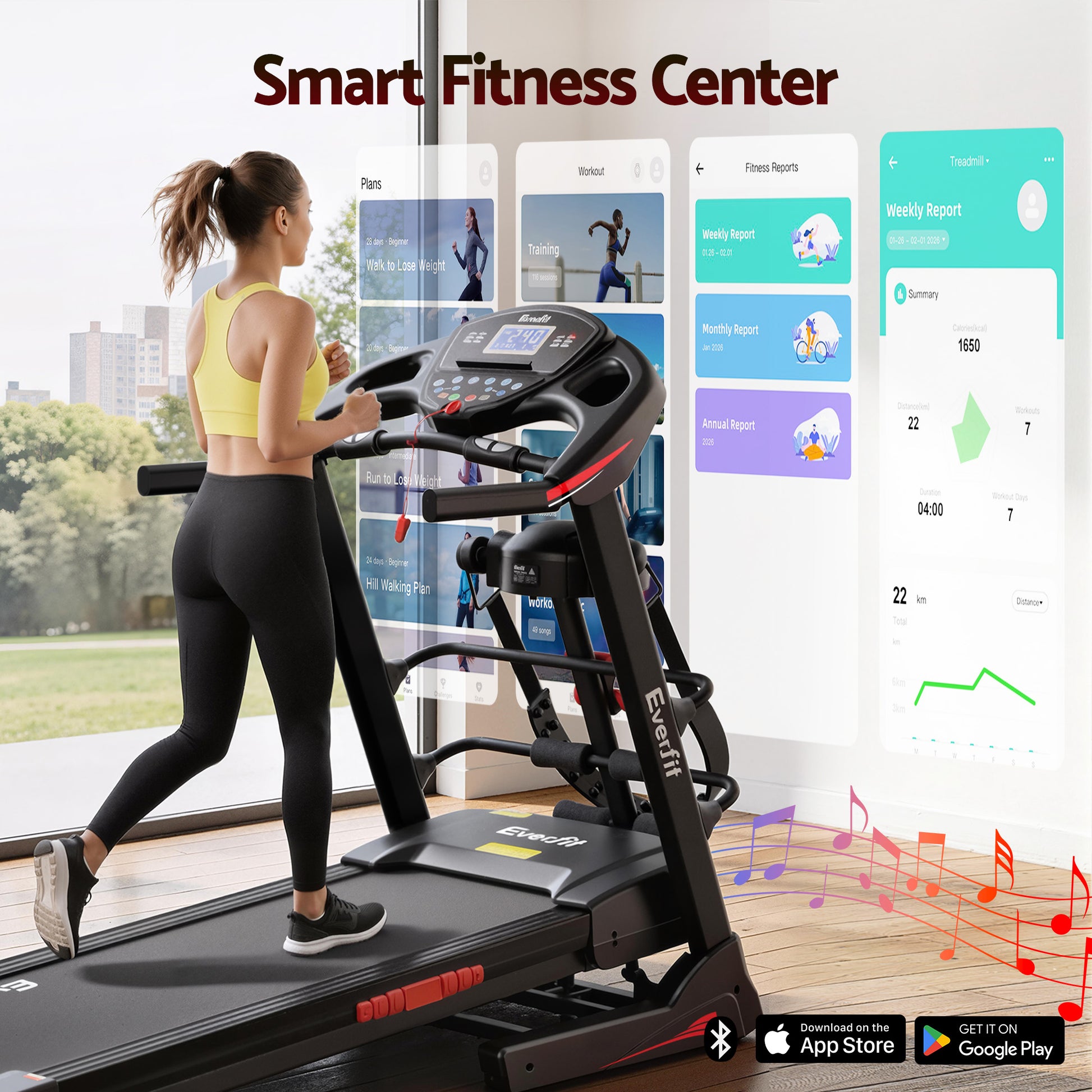 Hlpmedical Everfit electric treadmill for home gym, featuring a 480mm running belt and built-in massager for fitness and relaxation.