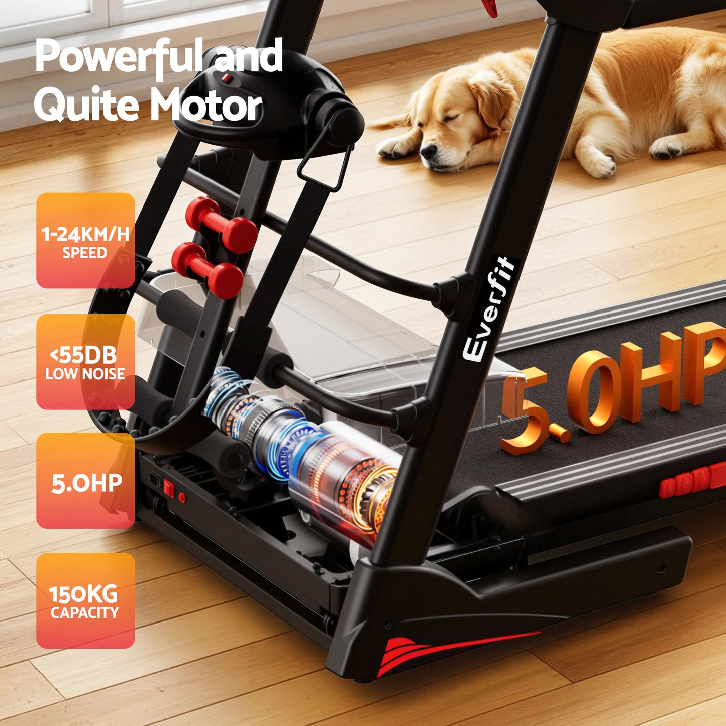 Hlpmedical Everfit electric treadmill for home gym, featuring a 480mm running belt and built-in massager for fitness and relaxation.