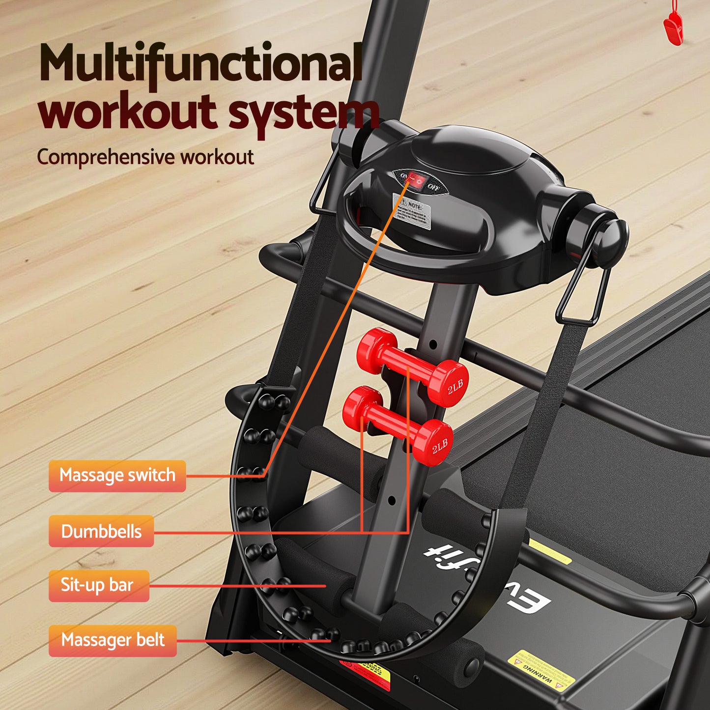 Hlpmedical Everfit electric treadmill for home gym, featuring a massager and 480mm running deck for fitness exercises