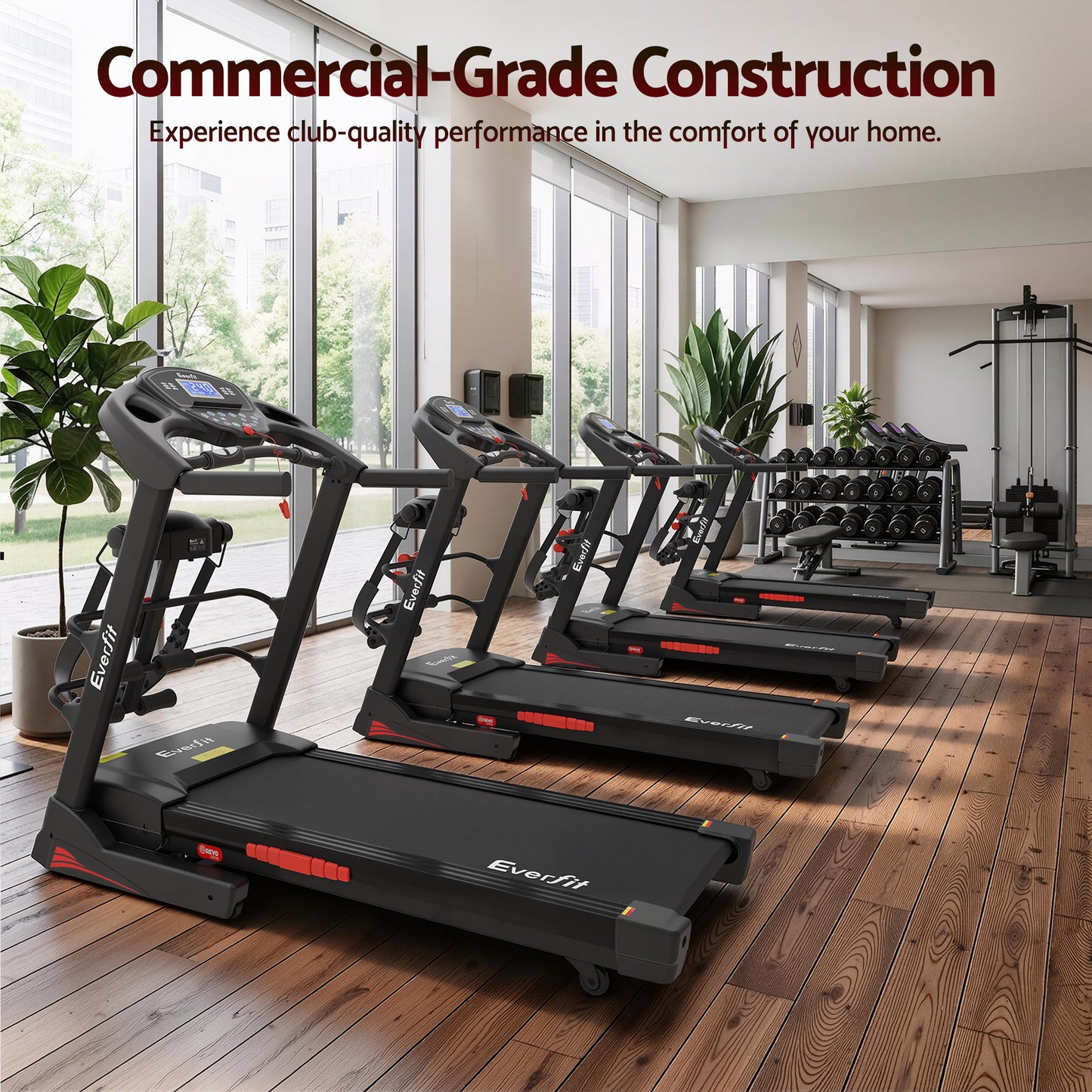 Everfit electric treadmill for home gym, featuring a 480mm running surface and integrated massager, by Hlpmedical.