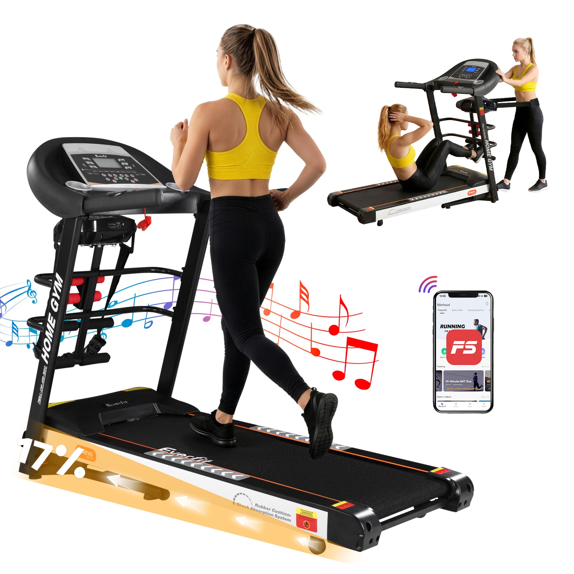 Hlpmedical Everfit electric treadmill with massage feature, 450mm running belt, for home gym and fitness exercises.